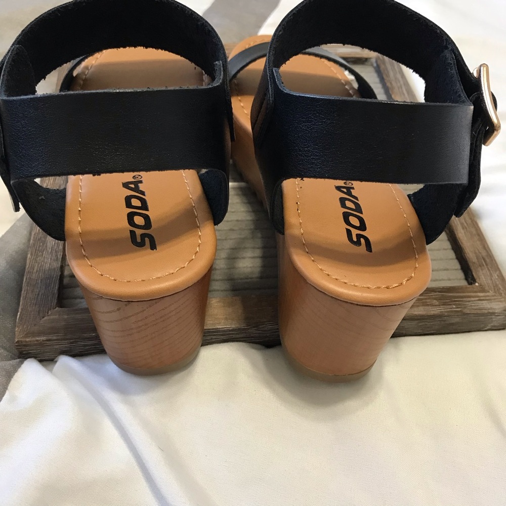 Black Sandals Wedges Classic Front Strap Buckle - Picture 7 of 8